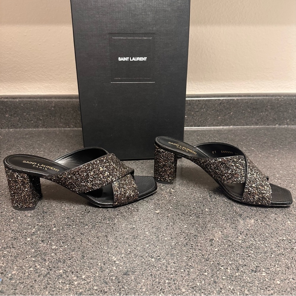 Saint Laurent Black and Gold Glitter Crisscross Block Heel Mules - Picture 7 of 13